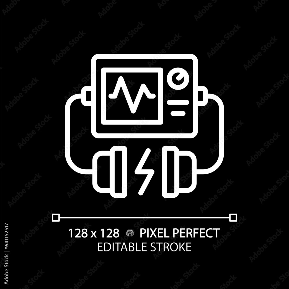 Defibrillator pixel perfect white linear icon for dark theme. Life saving device. Emergency medical equipment. Cardiac massage. Thin line illustration. Isolated symbol for night mode. Editable stroke Defibrillator pixel perfect white linear icon for dark theme. Life saving device. Emergency medical equipment. Cardiac massage. Thin line illustration. Isolated symbol for night mode. Editable stroke