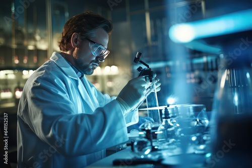 Middle aged male recearcher in a protective eyeglasses in a modern laboratory.