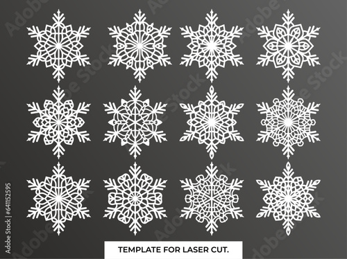 Set of snowflakes. Laser cut pattern for christmas paper cards, design elements, scrapbooking. Vector illustration.