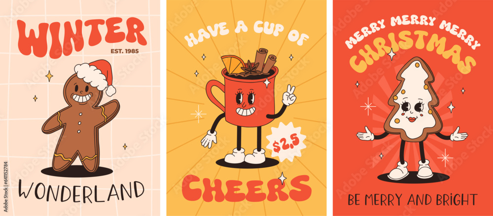 Funny Retro cartoon christmas Character in groovy 50s, 60s, 70s Vintage Style. Happy new year mascot with hot coffee, cocoa, gingerbread, cake, cupcake and cookie. Xmas vintage characters.