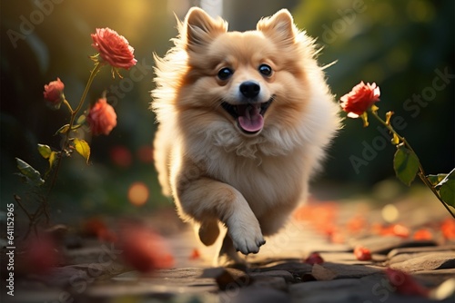 Energetic spitz joyfully runs in the garden, carrying a flower in its mouth © Muhammad Ishaq