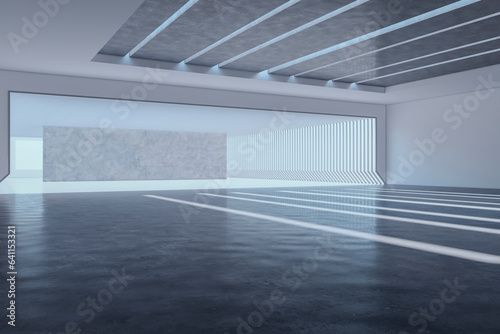 Bright spacious concrete interior with mock up place on wall. Exhibition hall. 3D Rendering.