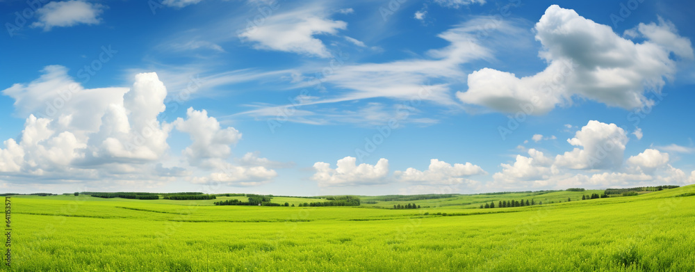 beautiful scenic landscape with green field and blue sky floating above it with cumulus clouds, legal AI beautiful scenic landscape with green field and blue sky floating above it with cumulus clouds, legal AI