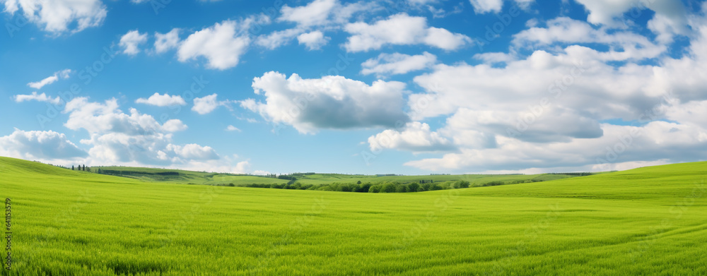 Sunny day. Beautiful panorama of green field and blue sky with clouds, legal AI Sunny day. Beautiful panorama of green field and blue sky with clouds, legal AI