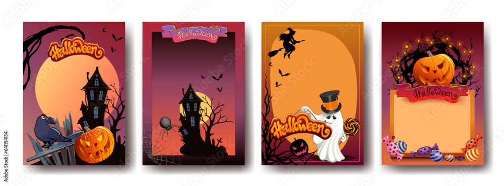 Vector set of Halloween party invitations. Place for text. Brochure background and traditional symbols. Vector set of Halloween party invitations. Place for text. Brochure background and traditional symbols.