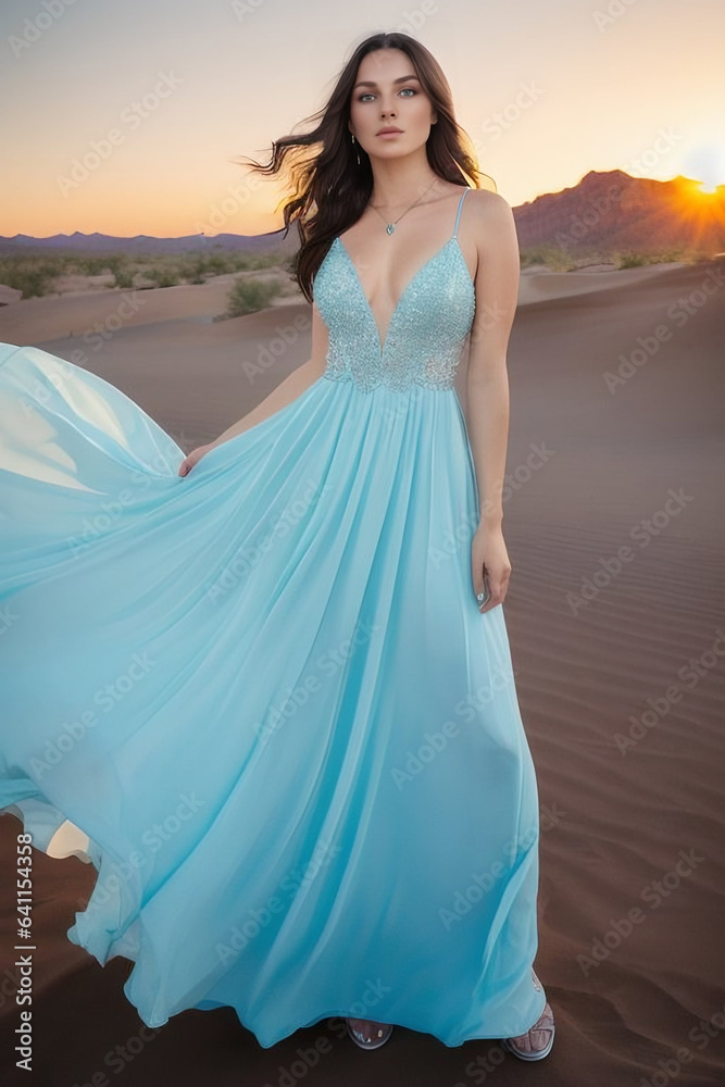 Full body portrait of young model in long sky blue dress with wind hem in desert at sunrise Full body portrait of young model in long sky blue dress with wind hem in desert at sunrise