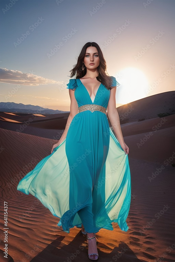 Full body portrait of a young model in a blue dress in the desert sands at sunrise