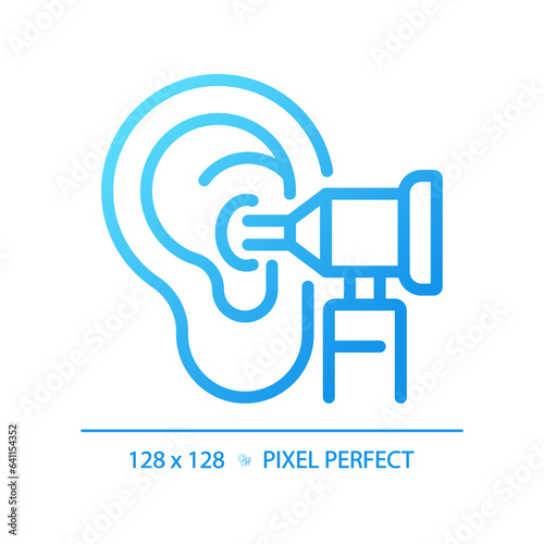 Otoscope pixel perfect gradient linear vector icon. Medical instrument. Ear health. Physical examination. Thin line color symbol. Modern style pictogram. Vector isolated outline drawing