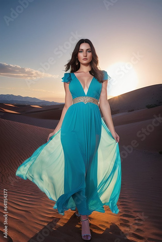 Full body portrait of a young model in a blue dress in the desert sands at sunrise © BoTanya