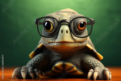 Intelligence meets cuteness, turtle with glasses on red backdrop, blurred green