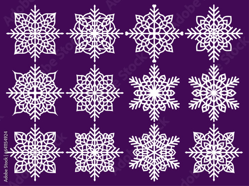 Set of laser cutting openwork snowflakes. Vector silhouette of christmas decoration. Template for paper isolated on blue background. Stencil for scrapbooking, carved wood.