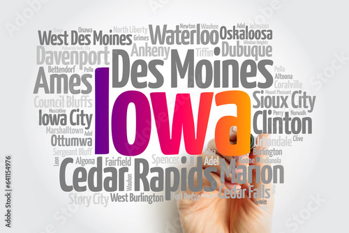 List of cities in Iowa USA state, word cloud concept background © dizain