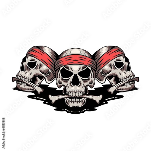 skull and crossbones with red headband drawn in vintage style suits for pirate stuffs icon logo related
