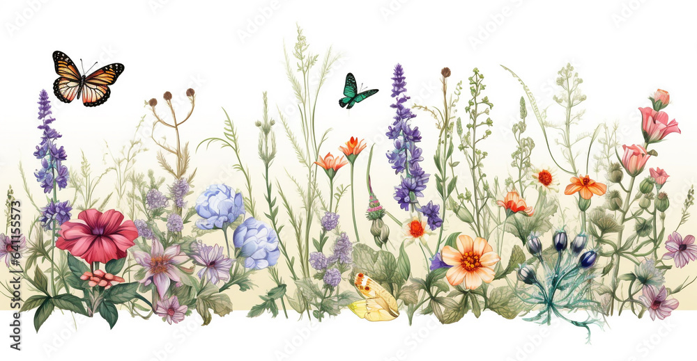 beautiful illustration with wildflowers in the grass and butterflies, legal AI beautiful illustration with wildflowers in the grass and butterflies, legal AI