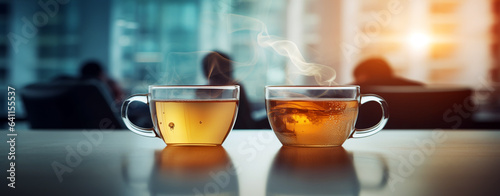Two cups of tea on the background of an evening office interior, legal AI