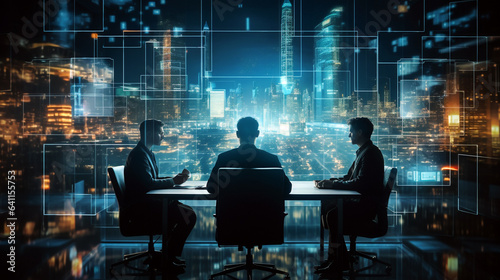 three businessmen are negotiating in the office at a large panoramic window overlooking the night city, legal AI