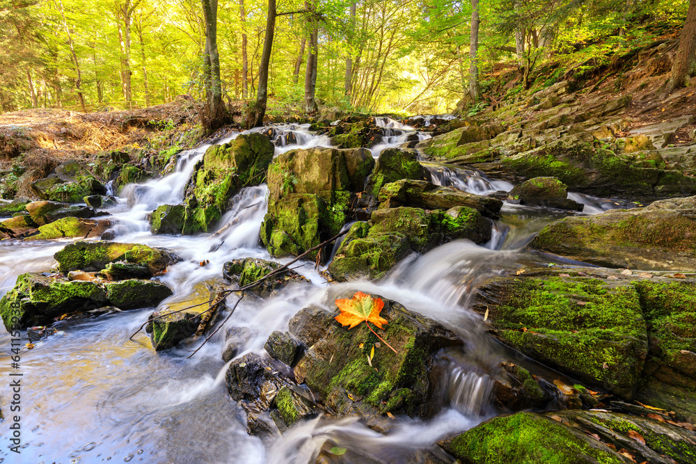 Wasserfall im Wald mit bunten Herbstlaub