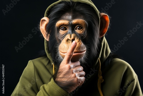 Monkey gesturing for silence, a humorous expression of quietude