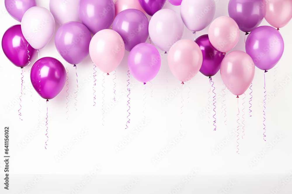 Beautiful purple and pink balloons bundle various birthday shapes no background, white background