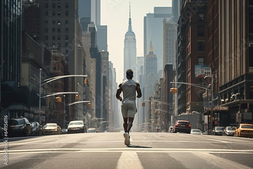 Caucasian man in athletic wear is running through the streets of New York