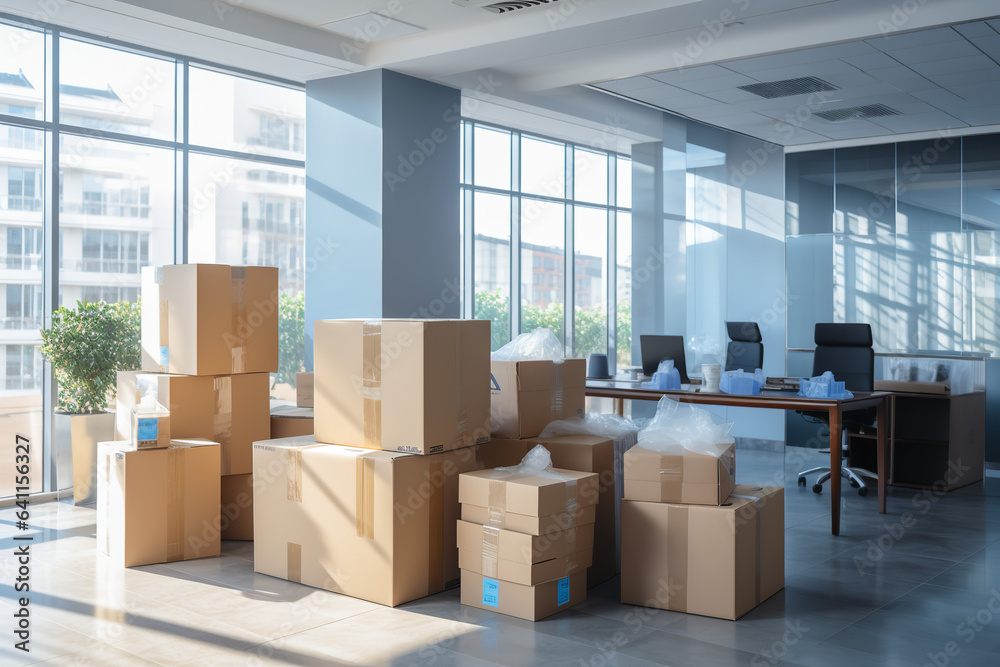 moving boxes in an empty modern office interior, in the style of uhd image, softbox lighting, simplistic, light amber and gray, matte photo, light and airy, moving boxes in an empty modern office interior, in the style of uhd image, softbox lighting, simplistic, light amber and gray, matte photo, light and airy,