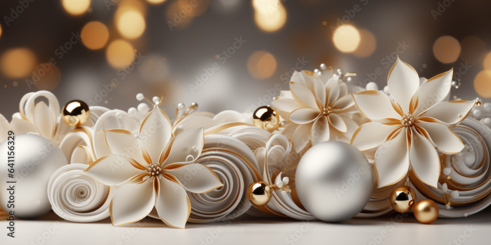 Pretty panoramic fantasy abstract christmas scene with silver baubles, pretty white flowers, on a blurred background. Great for website banners, headers, christmas card, invitation. Space for text. Pretty panoramic fantasy abstract christmas scene with silver baubles, pretty white flowers, on a blurred background. Great for website banners, headers, christmas card, invitation. Space for text.