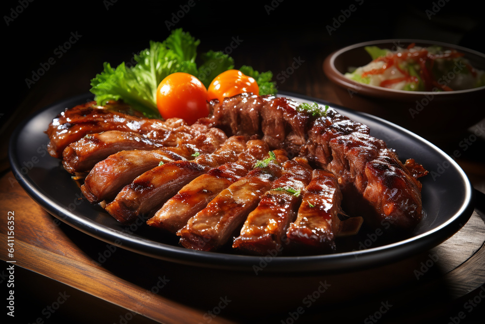 photograph of Grilled Pork Roasted BBQ Pork Ribs Prime Iberico Pork Sausage served at an upscale restaurant, BBQ Grill cuisine, ultra high quality picture, foodgasm, food photography