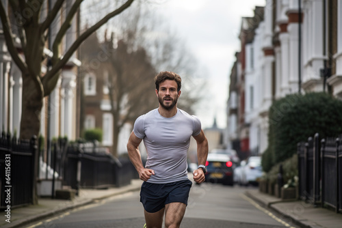 A Caucasian man in athletic wear is running in London.