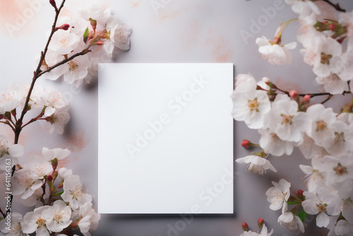 Photography of an vertcal blank paper surrounded by blossom, product photography, overhead angle