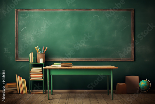 school desk, background school class, blackboard, green
