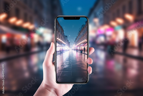 smart phone in female elegant hand with white nails, modern city street with glassy buildings in background at night, shallow depth of field, photo, details, skin details, © Nate