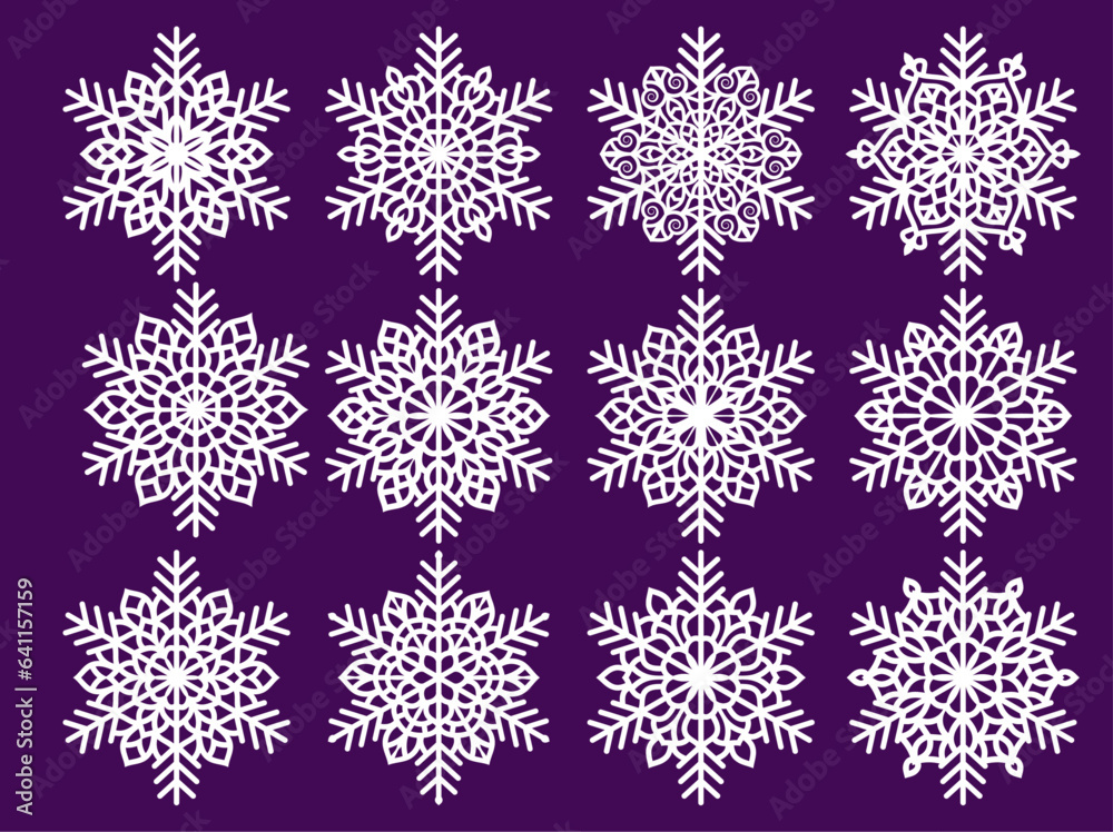 Set of laser cutting openwork snowflakes. Vector silhouette of christmas decoration. Template for paper isolated on blue background. Stencil for scrapbooking, carved wood.	