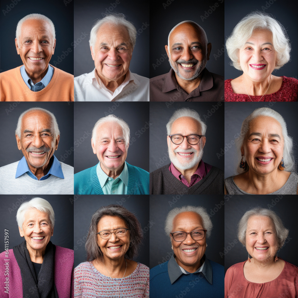 Fototapeta premium Photo collage portrait of multiracial smiling senior people with different ages looking at camera. Mosaic of happy elderly faces. 