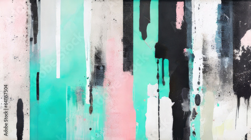 Modern Abstract Acrylic Painting Background in Mint, Pink, White and Black With Lots Of Texture, Drips And Paint Strokes 