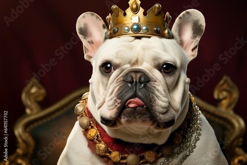 Regal touch on cute white bulldog with gold crown, red velvet