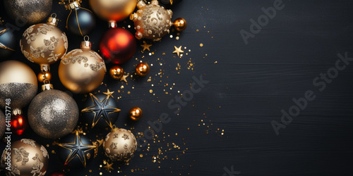 Merry Christmas, holiday celebration, holiday celebrations, greeting card - gold and red decorations (Christmas trinkets and stars, sequins) on dark black concrete table background, top view