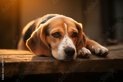 Serene scene, veteran beagle rests with head upon its paws