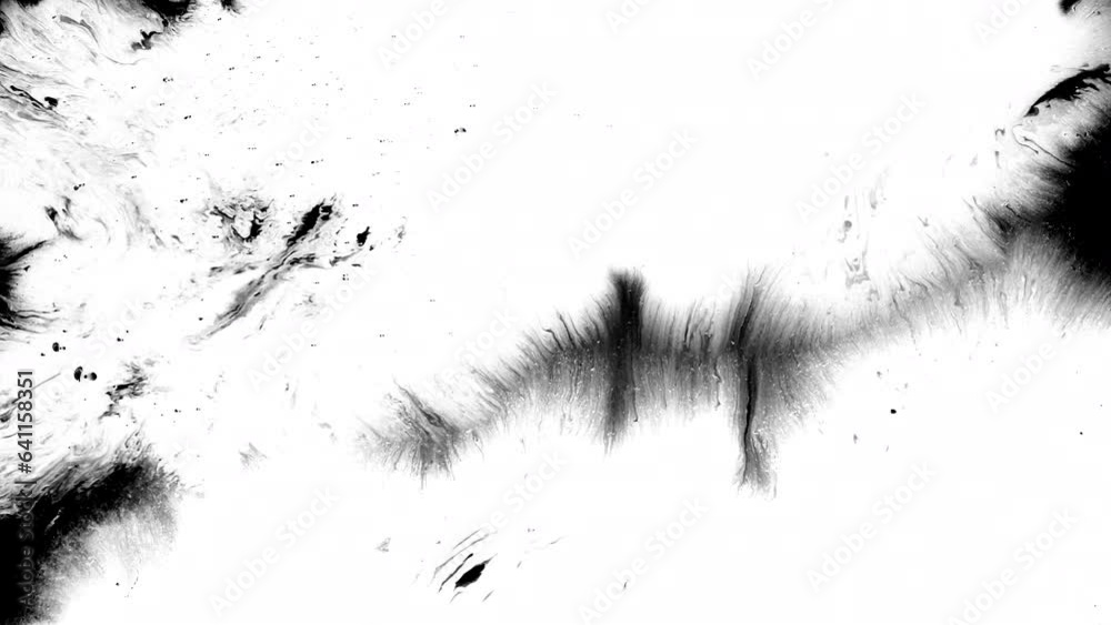 Black ink abstract background artistic flow splatter spots spills white paper beautiful reveal dripping streaks spread fluid ink alpha matte isolated watercolor ink drops transition	
