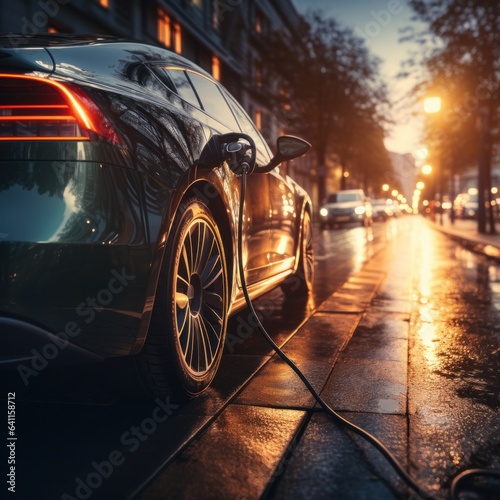 Close up details of electric car charging in urban city life. EV charging on street electric power supply station with power cable. Eco power, EV, concept. green energy, © aboutmomentsimages