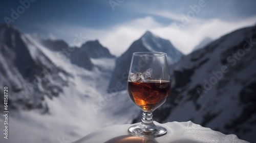 Glass of hot red wine close-up  background of snow-capped ski peaks of mountains. AI generated.