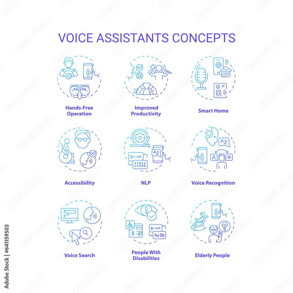 2D gradient icons set representing voice assistants concepts, isolated vector, thin line blue illustration.