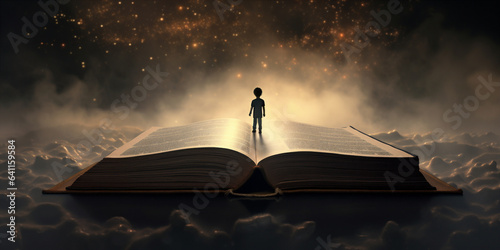 a small child standing on the surface of a huge book. 