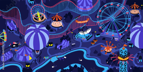 Childish amusement park at night. Fun summer evening on carnival, lights of attractions, carousel. Family recreation, leisure on funfair. People ride on rollercoaster, wheel. Flat vector illustration