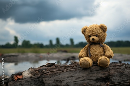 Vintage style lonely bear doll exudes dark, melancholic elegance