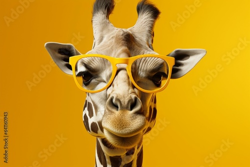 Yellow sunglasses bring a pop of style to this monochrome giraffe portrait