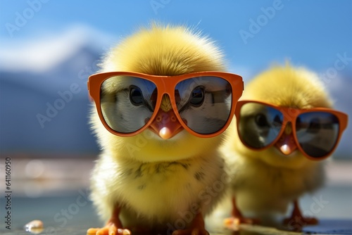 Canvas-taulu Young yellow chick dons tiny sunglasses, a soft, adorable farmer