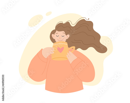 Cute girl holding a cup. Young positive female character, happiness and self love concept. Flat cartoon vector illustration.