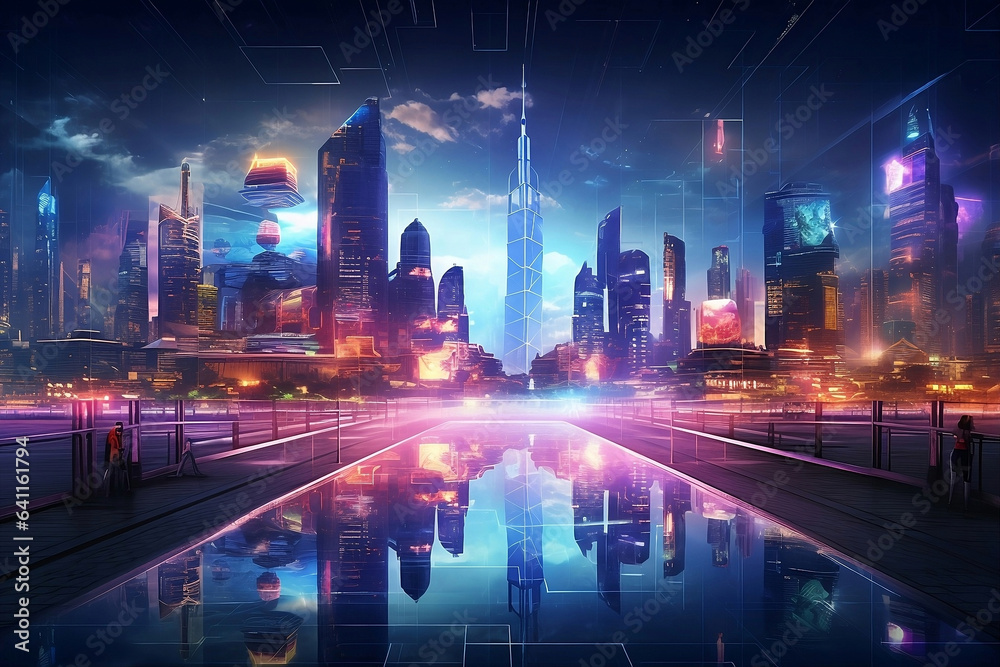AI-Powered Cityscape: Depict a futuristic cityscape illuminated by AI-generated lights and digital billboards, city skyline at night, Glimpse the AI-Powered Cityscape: Depict a futuristic cityscape