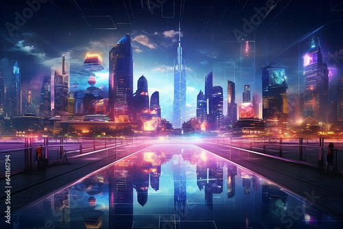 AI-Powered Cityscape  Depict a futuristic cityscape illuminated by AI-generated lights and digital billboards  city skyline at night  Glimpse the AI-Powered Cityscape  Depict a futuristic cityscape