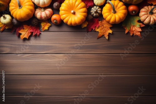 autumn leaves and berries on wooden table